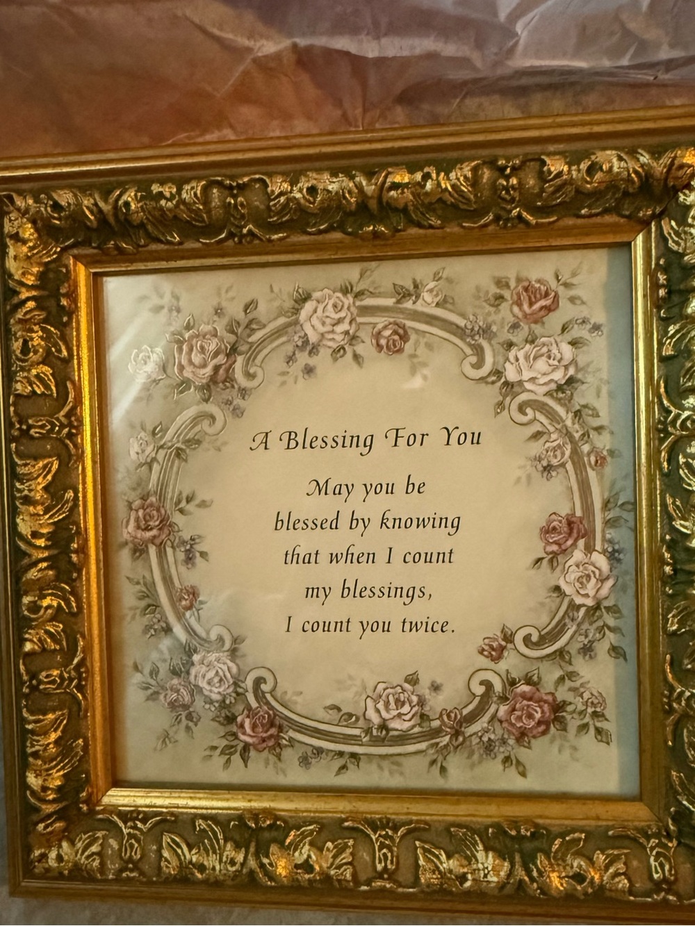 New Gold Framed Floral Blessing Wall Art Pink Rose Accents. Pocket card on back.